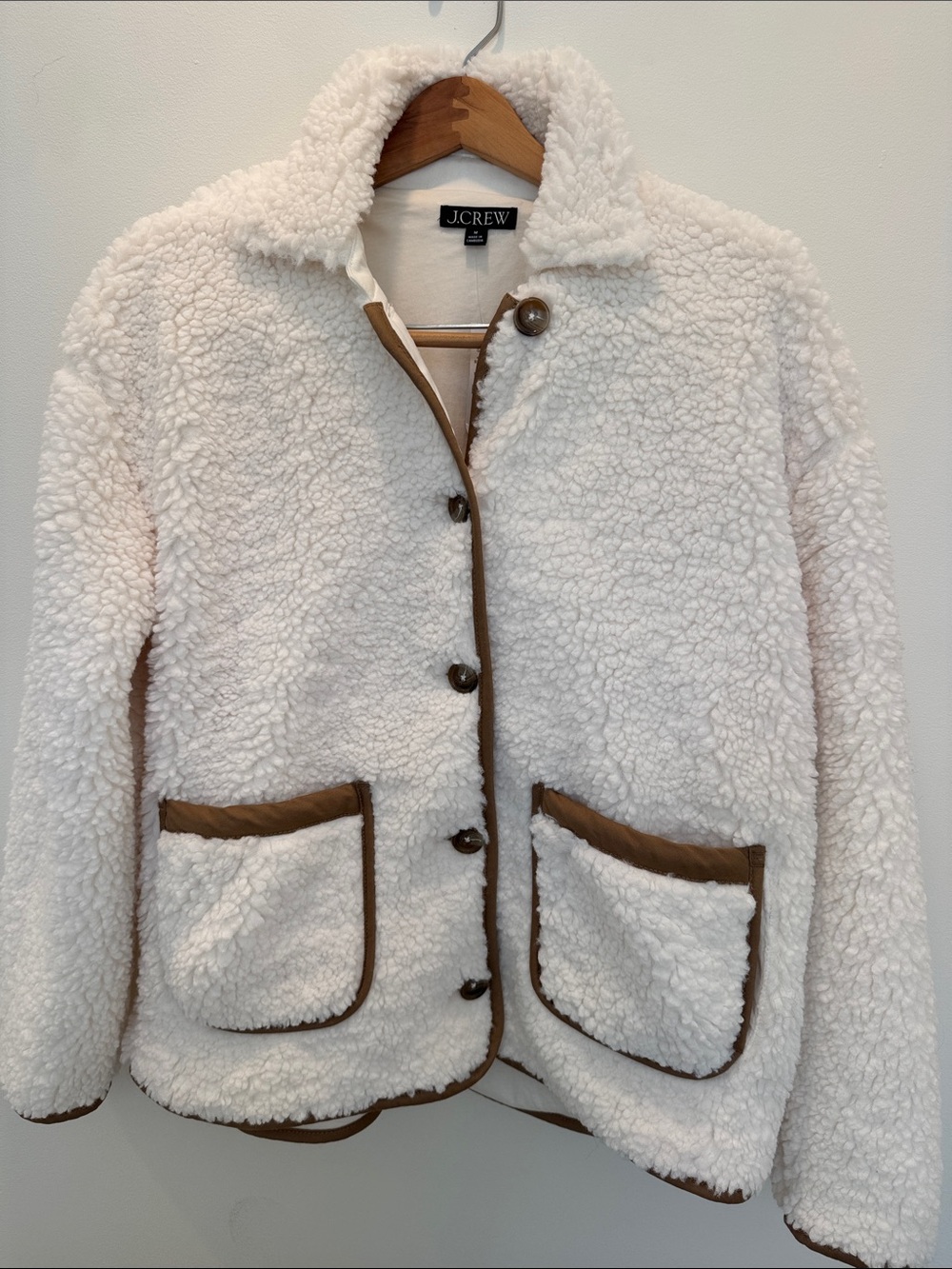 J. Crew Cream Sherpa Jacket with Brown Trim